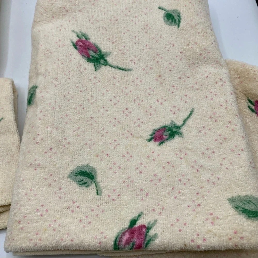 Vintage Cannon Bath Towels Wash Cloth White Pink Rose Floral Cottage Core USA